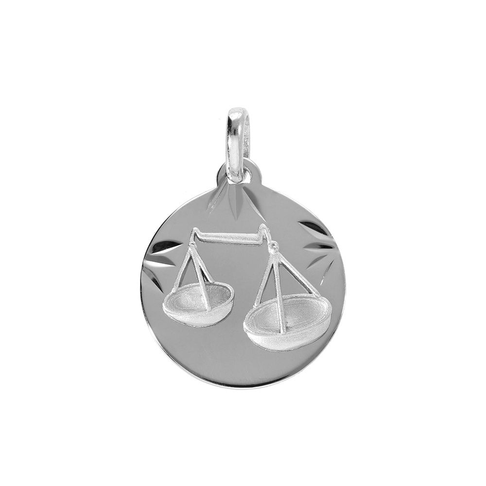 Pendentif en argent rhodi�e m�daille 15mm diamant�e zodiaque balance - Vue 1
