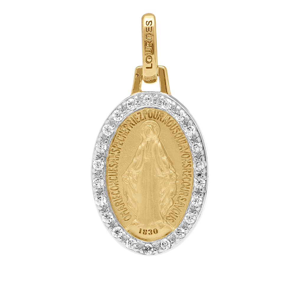 Pendentif en plaqu� or 15mm ovale recto verso vierge miraculeuse contour oxydes blancs sertis - Vue 1