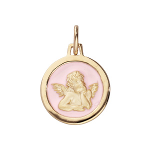 Pendentif en plaqu or Ange sur fond rose ple - Vue 1