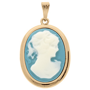 Pendentif en plaqu or Came bleu ovale contour lisse - grand modle - Vue 1