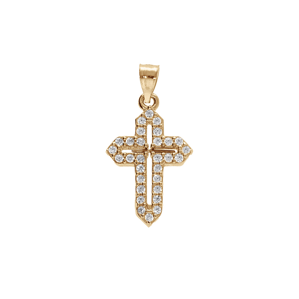 Pendentif en plaqu� or croix 15x10mm avec oxydes blancs sertis - Vue 1