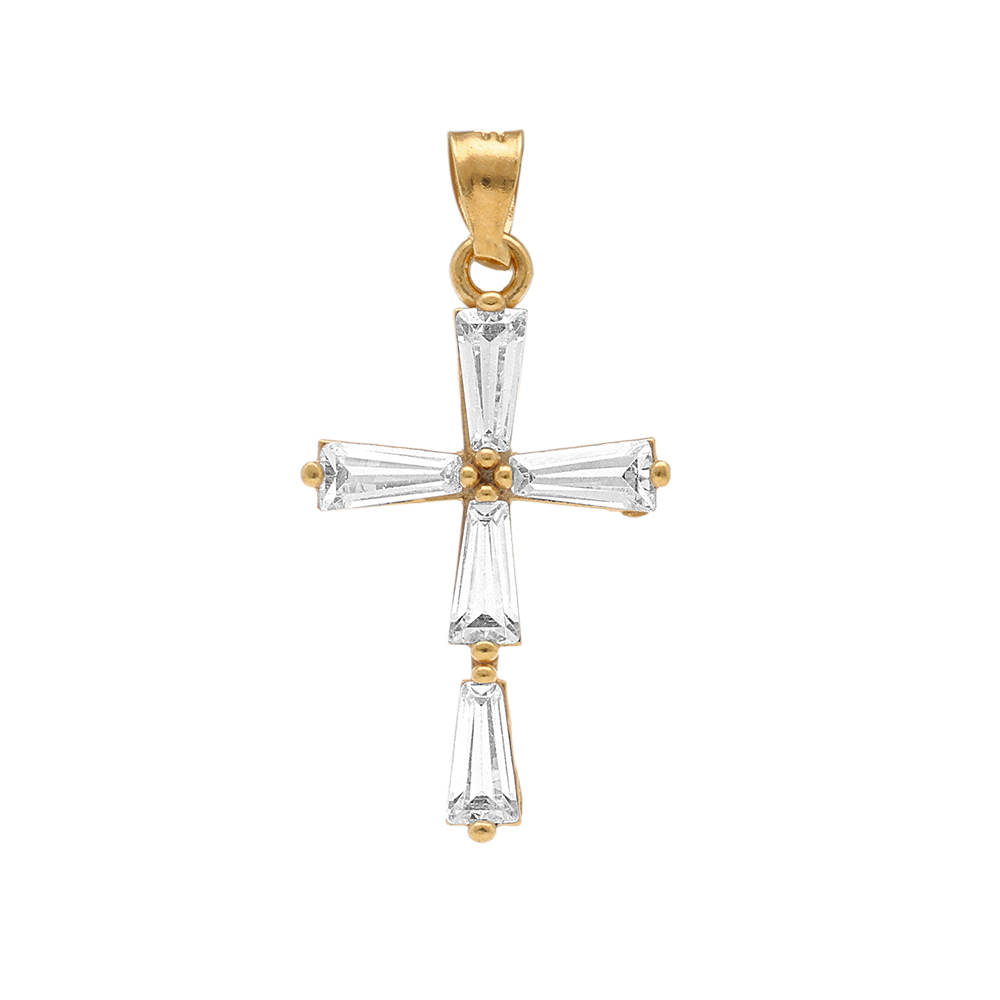 Pendentif en plaqu or croix 20mm x 12mm avec oxydes blancs forme baguette - Vue 1
