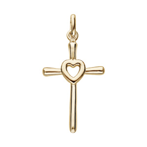 Pendentif en plaqu or Croix avec coeur au centre - Vue 1