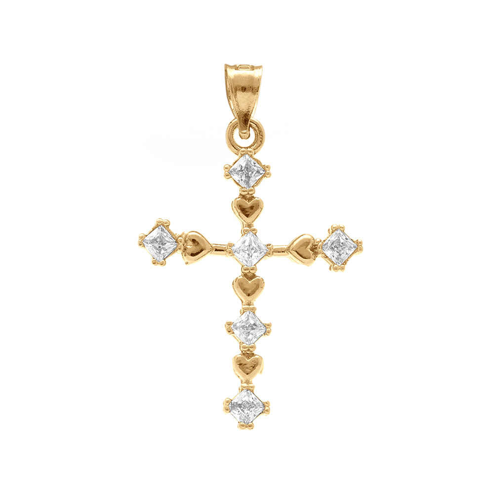 Pendentif en plaqu� or croix avec coeurs 22mm x 15mm et oxydes blancs - Vue 1