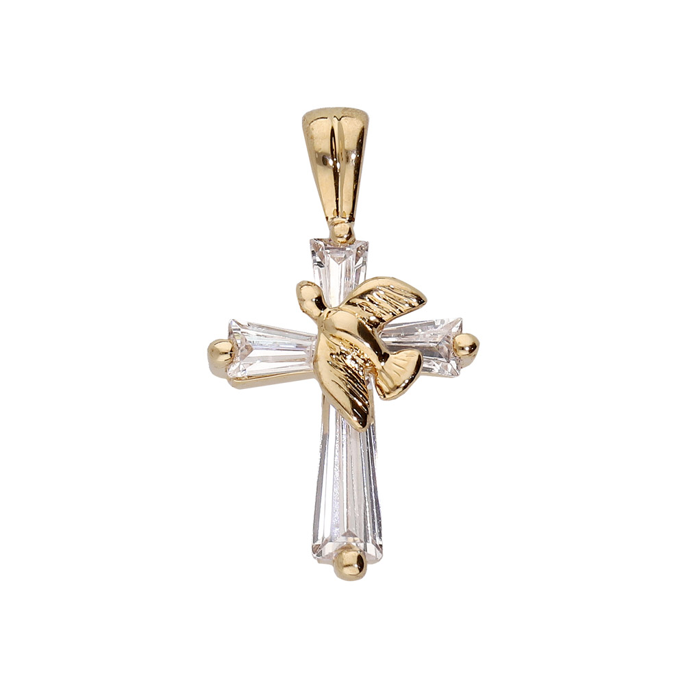 Pendentif en plaqu� or Croix avec colombe oxydes blancs sertis - Vue 1