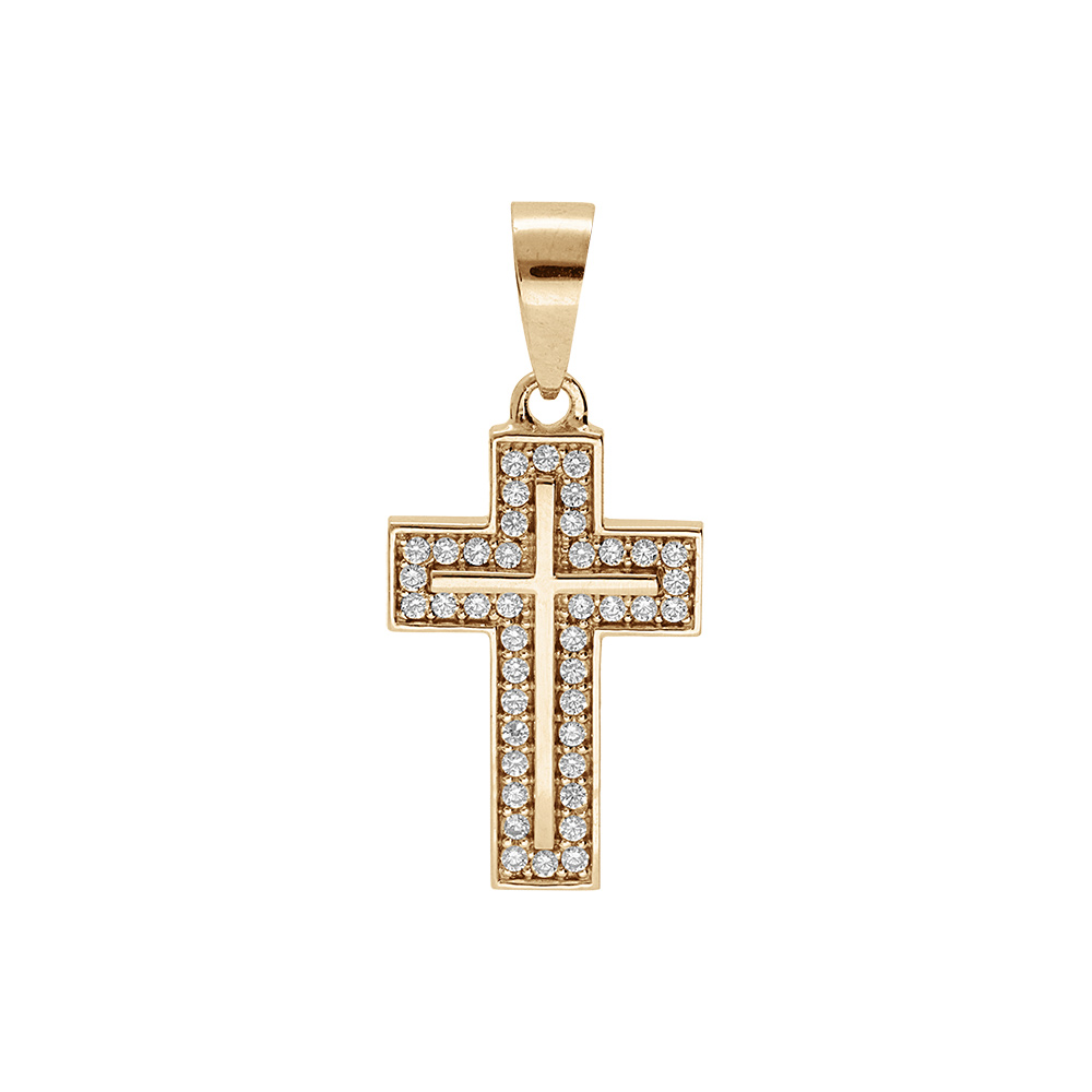 Pendentif en plaqu� or croix avec oxydes blancs et croix lisse en relief 17 x 16mm - Vue 1