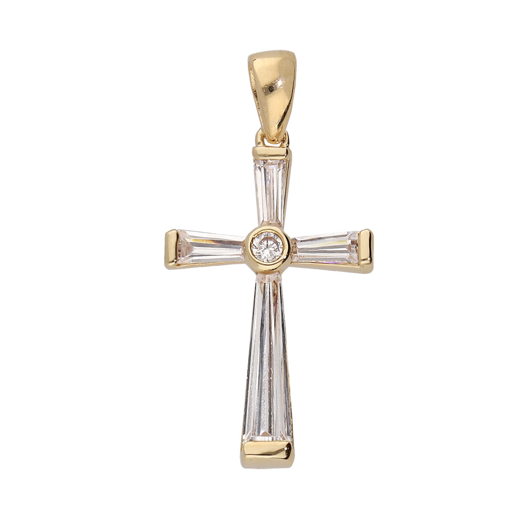 Pendentif en plaqu or Croix 4 baguettes profils oxydes blancs sertis - Vue 1