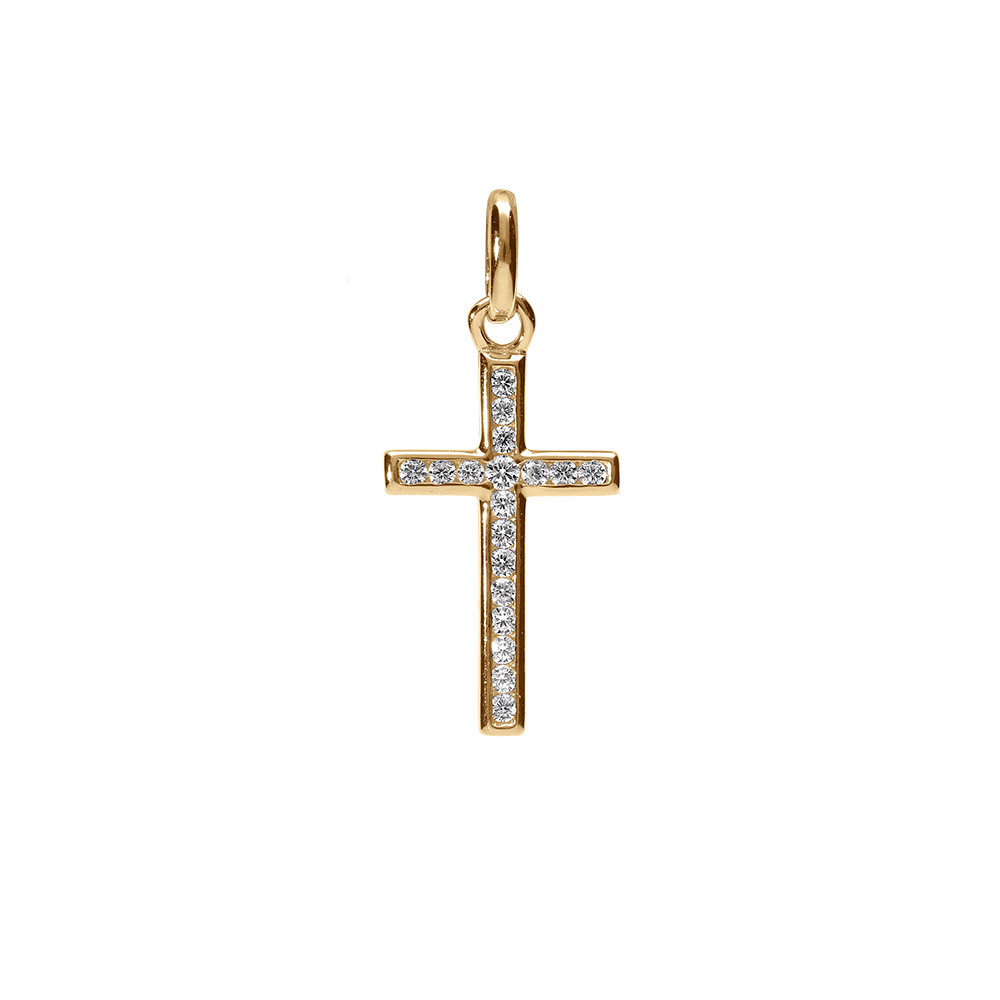 Pendentif en plaqu� or Croix en oxydes blancs sertis grand mod�le - Vue 1
