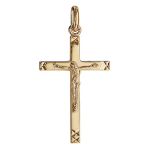 Pendentif en plaqu or croix fine avec Christ sur la croix et ciselage aux extrmits - Vue 1
