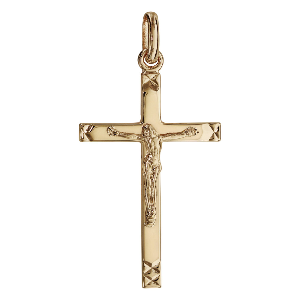 Pendentif en plaqu� or croix fine avec J�sus Christ sur la croix et ciselage aux extr�mit�s - Vue 1