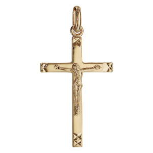 Pendentif en plaqu� or croix fine avec J�sus Christ sur la croix et ciselage aux extr�mit�s