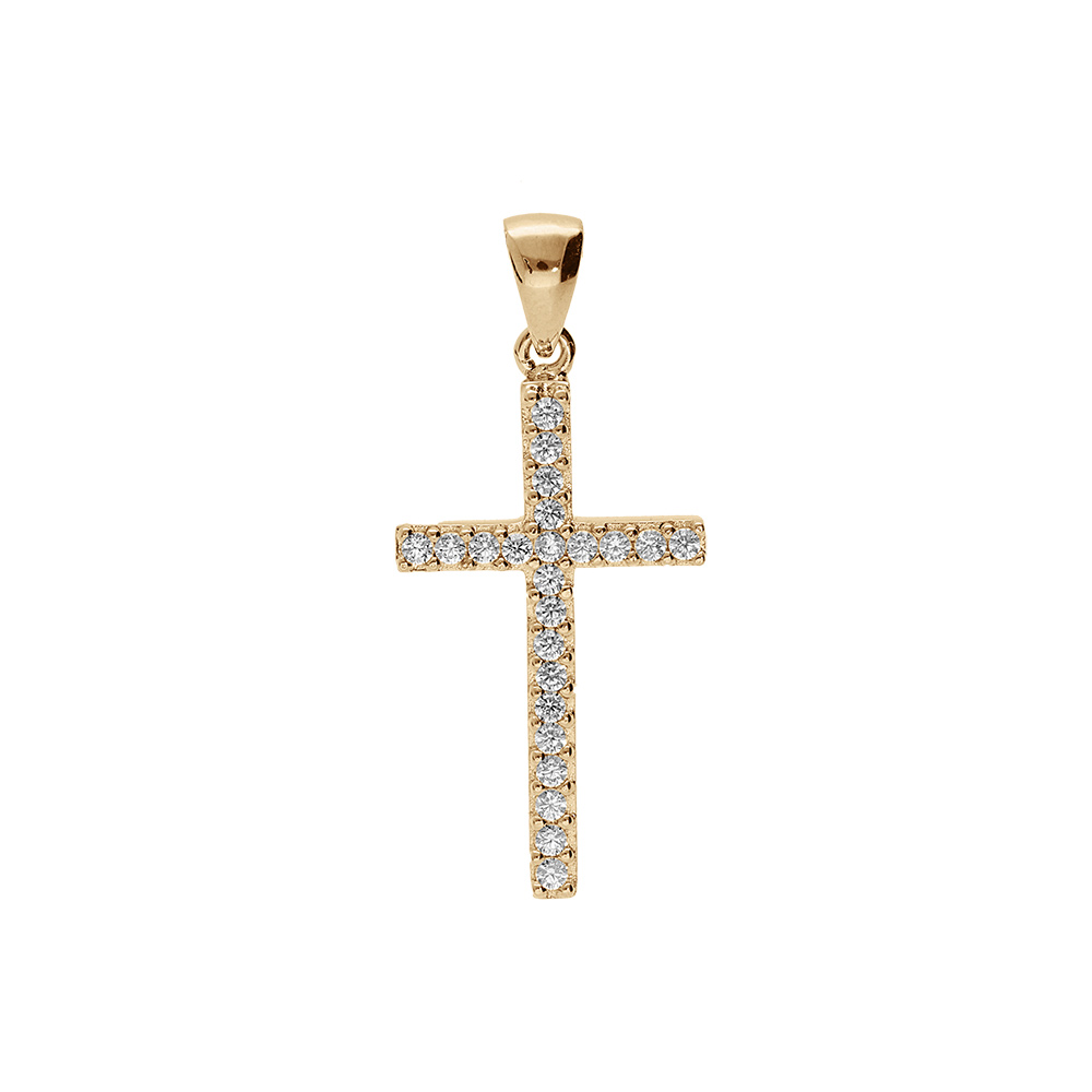 Pendentif en plaqu� or croix fine pav�e d\'oxydes blancs 25 x 14mm - Vue 1
