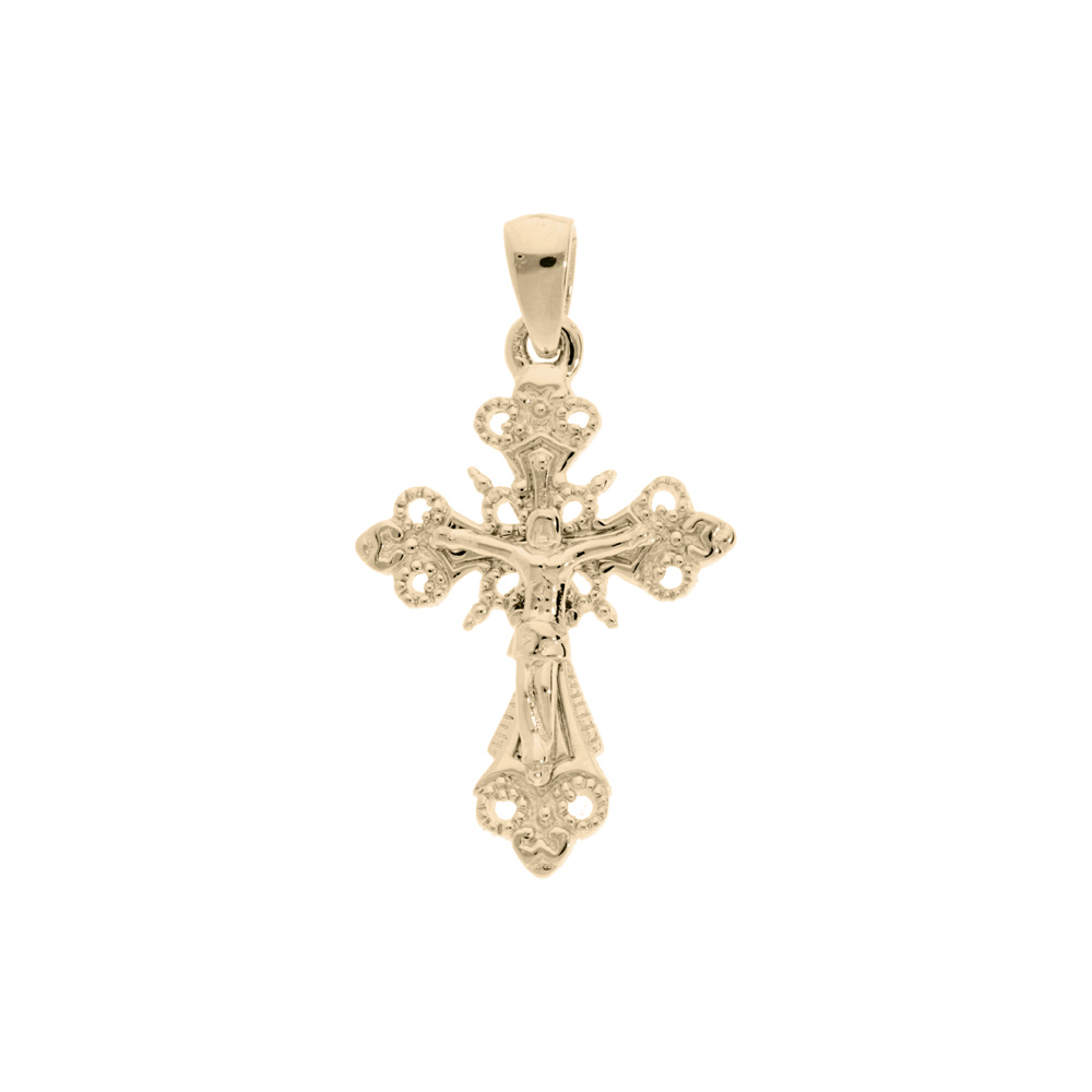 Pendentif en plaqu� or croix Occitane finement ouvrag�e et perl�e sur les contours et Christ sur la croix - Vue 1