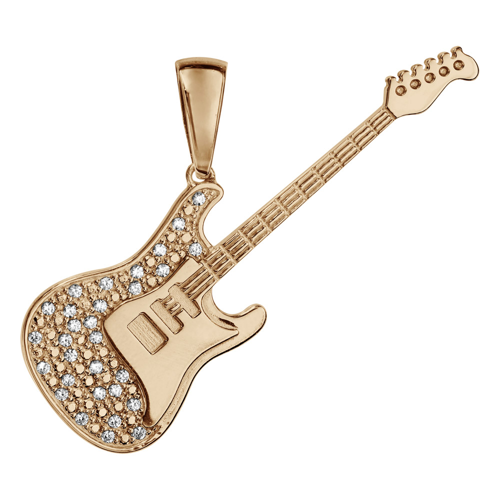 Pendentif en plaqu� or et oxydes sertis grande guitare rock 50mm - Vue 1