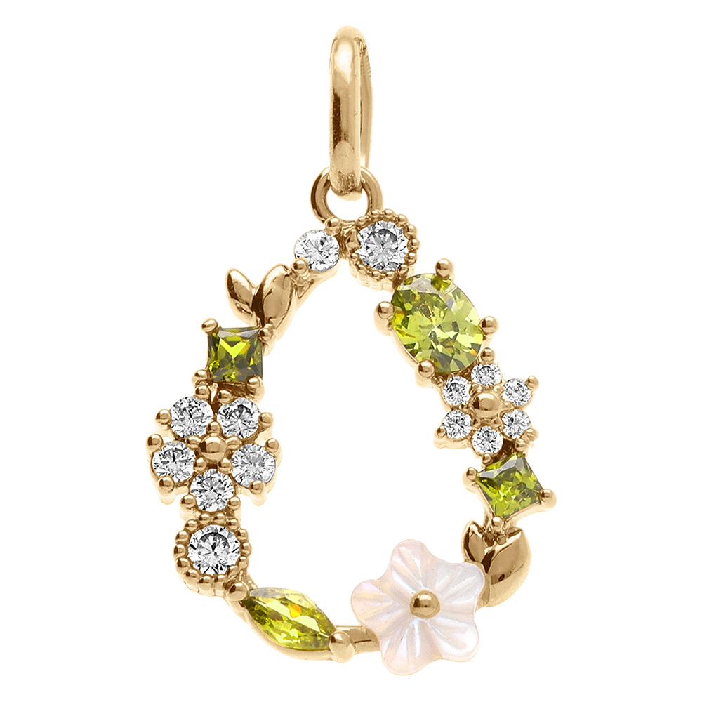 Pendentif en plaqu� or goutte jardin fleuri d\'oxydes blanc et vert olive avec sa fleur de nacre blanche - Vue 1