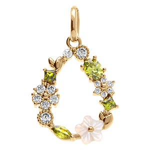 Pendentif en plaqu� or goutte jardin fleuri d'oxydes blanc et vert olive avec sa fleur de nacre blanche