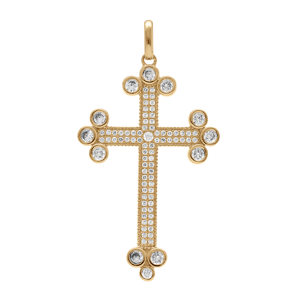 Pendentif en plaqu� or grande croix avec oxydes blancs 33 x 23mm - Vue 1