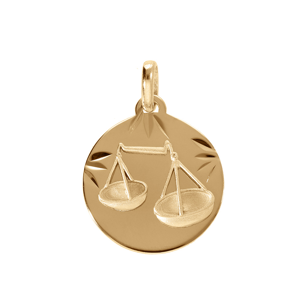 Pendentif en plaqu� or m�daille 15mm diamant� zodiaque balance - Vue 1