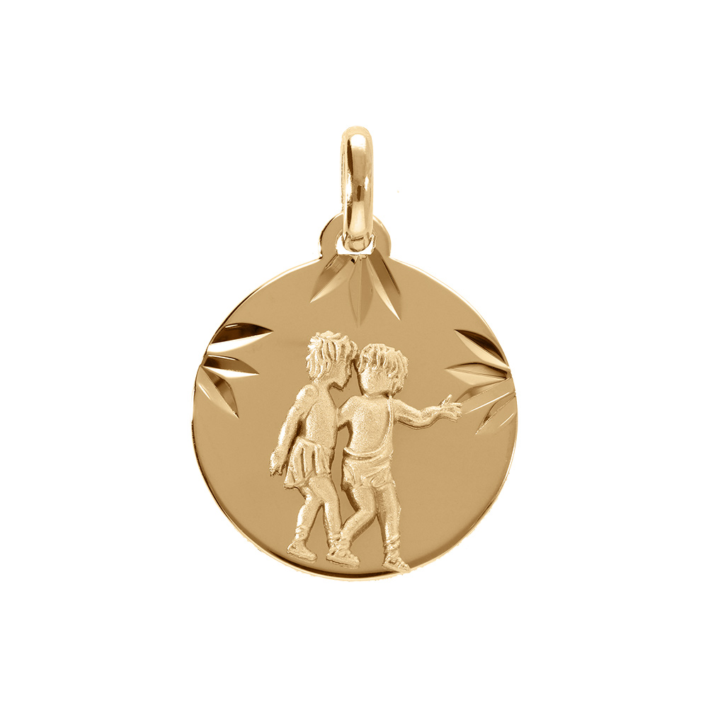 Pendentif en plaqu� or m�daille 15mm diamant� zodiaque gemeaux - Vue 1