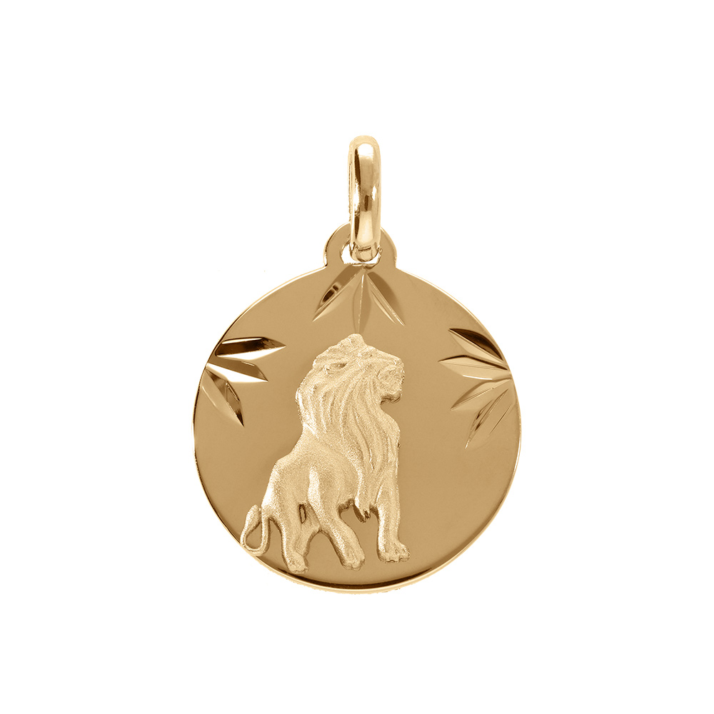 Pendentif en plaqu� or m�daille 15mm diamant� zodiaque lion - Vue 1