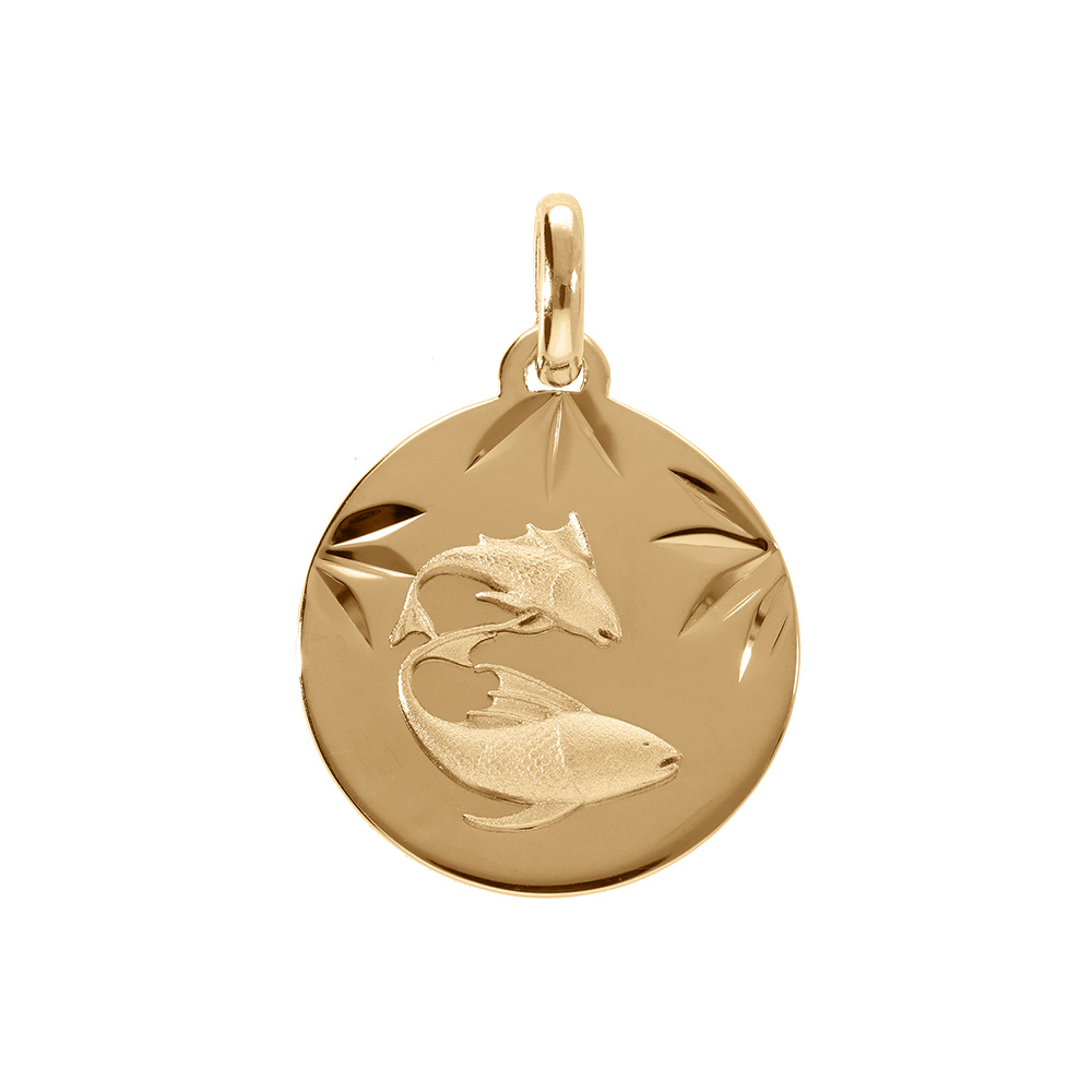 Pendentif en plaqu� or m�daille 15mm diamant� zodiaque poisson - Vue 1
