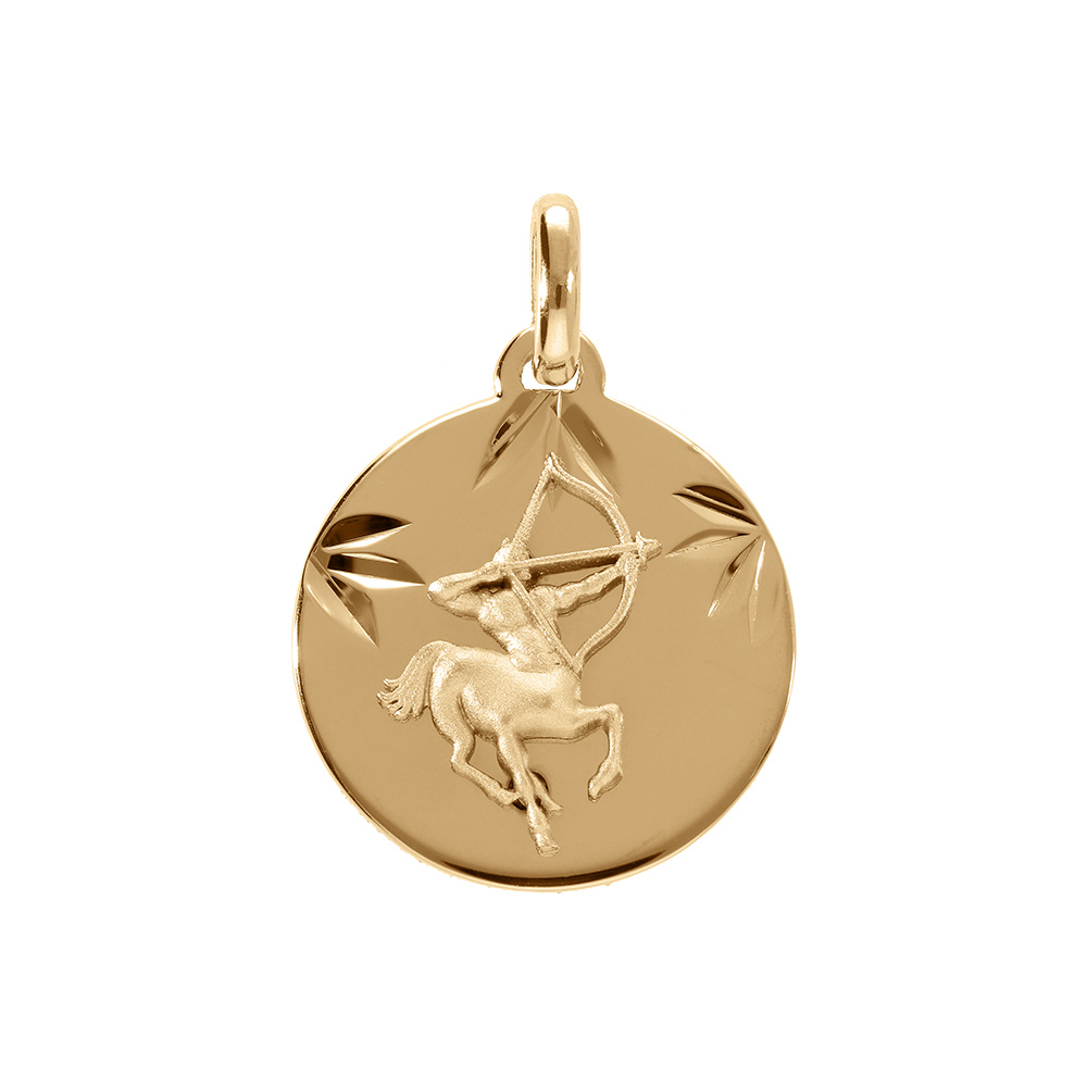 Pendentif en plaqu� or m�daille 15mm diamant� zodiaque sagittaire - Vue 1