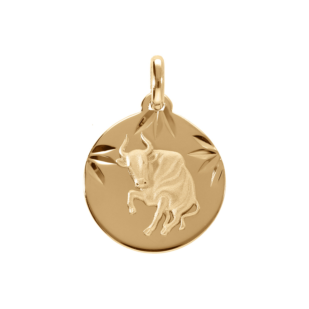 Pendentif en plaqu� or m�daille 15mm diamant� zodiaque taureau - Vue 1