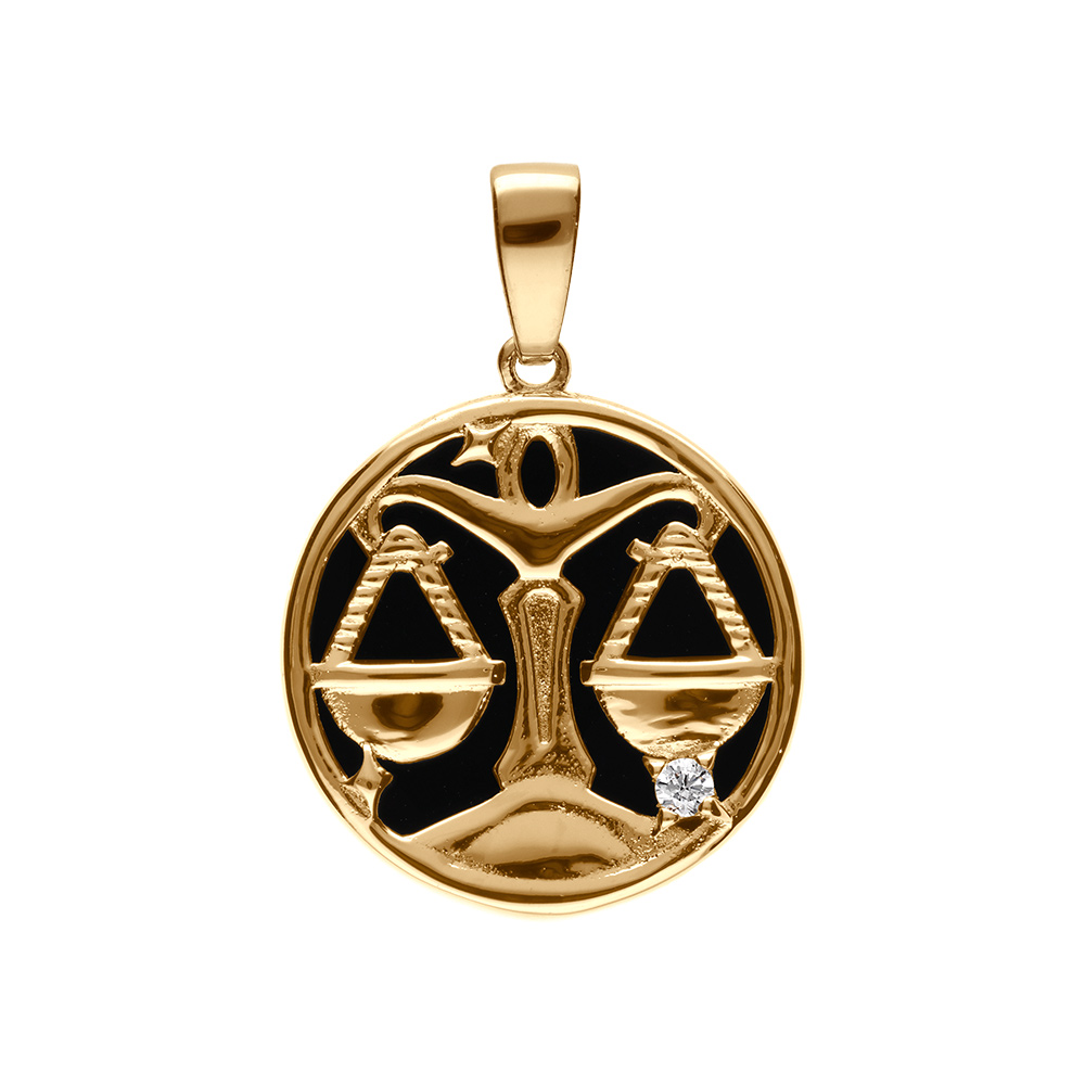 Pendentif en plaqu� or m�daille 15mm, onyx noir imitation, zodiaque balance et un oxyde blanc - Vue 1
