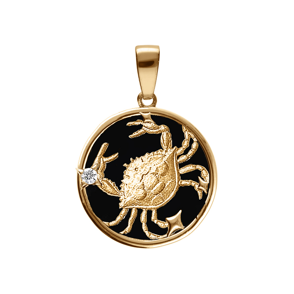 Pendentif en plaqu� or m�daille 15mm, onyx noir imitation, zodiaque cancer et un  oxyde blanc - Vue 1