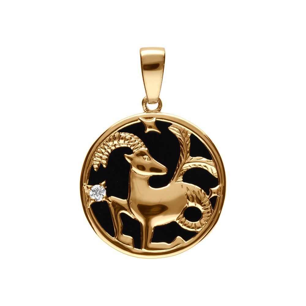 Pendentif en plaqu� or m�daille 15mm, onyx noir imitation, zodiaque capricorne et un oxyde blanc - Vue 1
