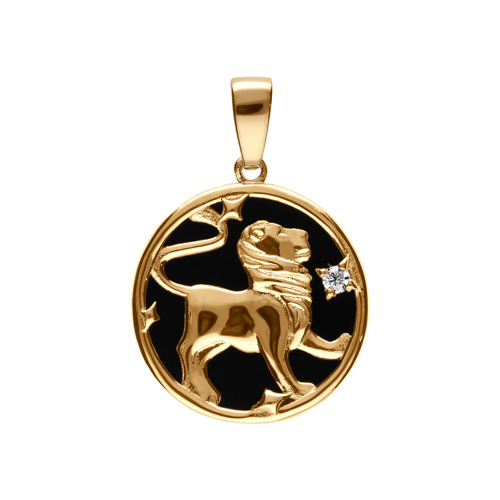 Pendentif en plaqu� or m�daille 15mm, onyx noir imitation, zodiaque lion et un oxyde blanc - Vue 1