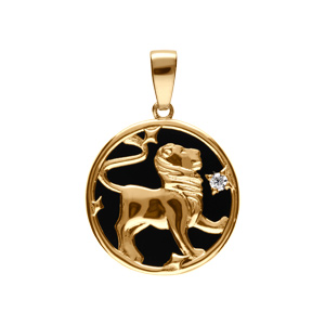 Pendentif en plaqué or médaille 15mm, onyx noir imitation, zodiaque lion et un oxyde blanc - Vue 1