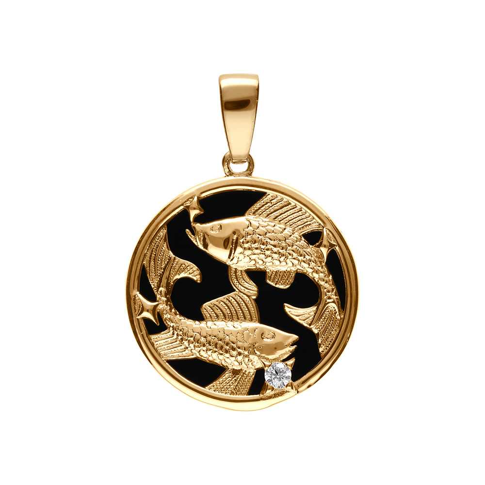 Pendentif en plaqu� or m�daille 15mm, onyx noir imitation, zodiaque poissons et un oxyde blanc - Vue 1