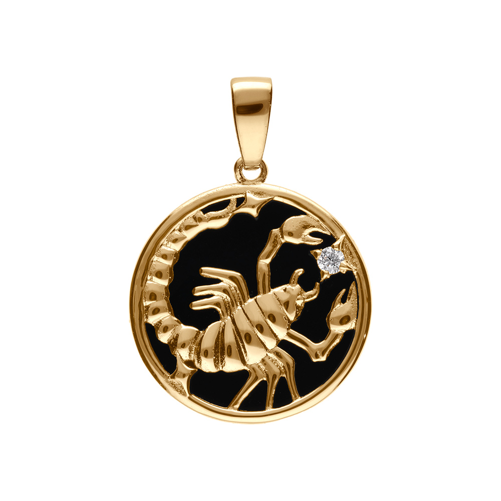 Pendentif en plaqu� or m�daille 15mm, onyx noir imitation, zodiaque scorpion et un oxyde blanc - Vue 1