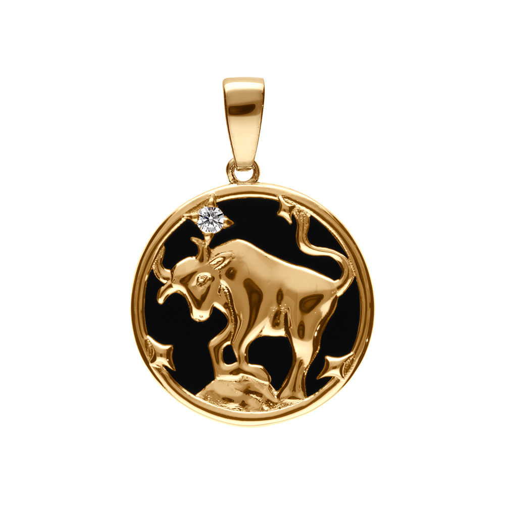 Pendentif en plaqu� or m�daille 15mm, onyx noir imitation, zodiaque taureau et un oxyde blanc - Vue 1