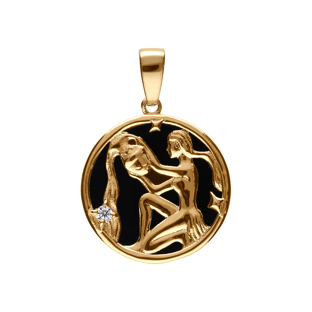 Pendentif en plaqu� or m�daille 15mm, onyx noir imitation, zodiaque verseau et un oxyde blanc - Vue 1