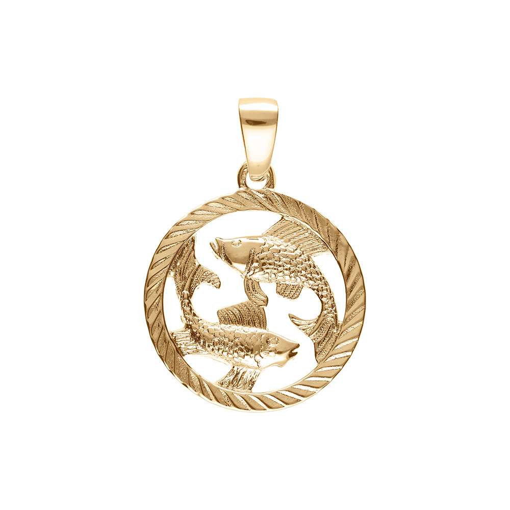 Pendentif en plaqu� or m�daille 15mm stri�e zodiaque poissons decoup�s - Vue 1