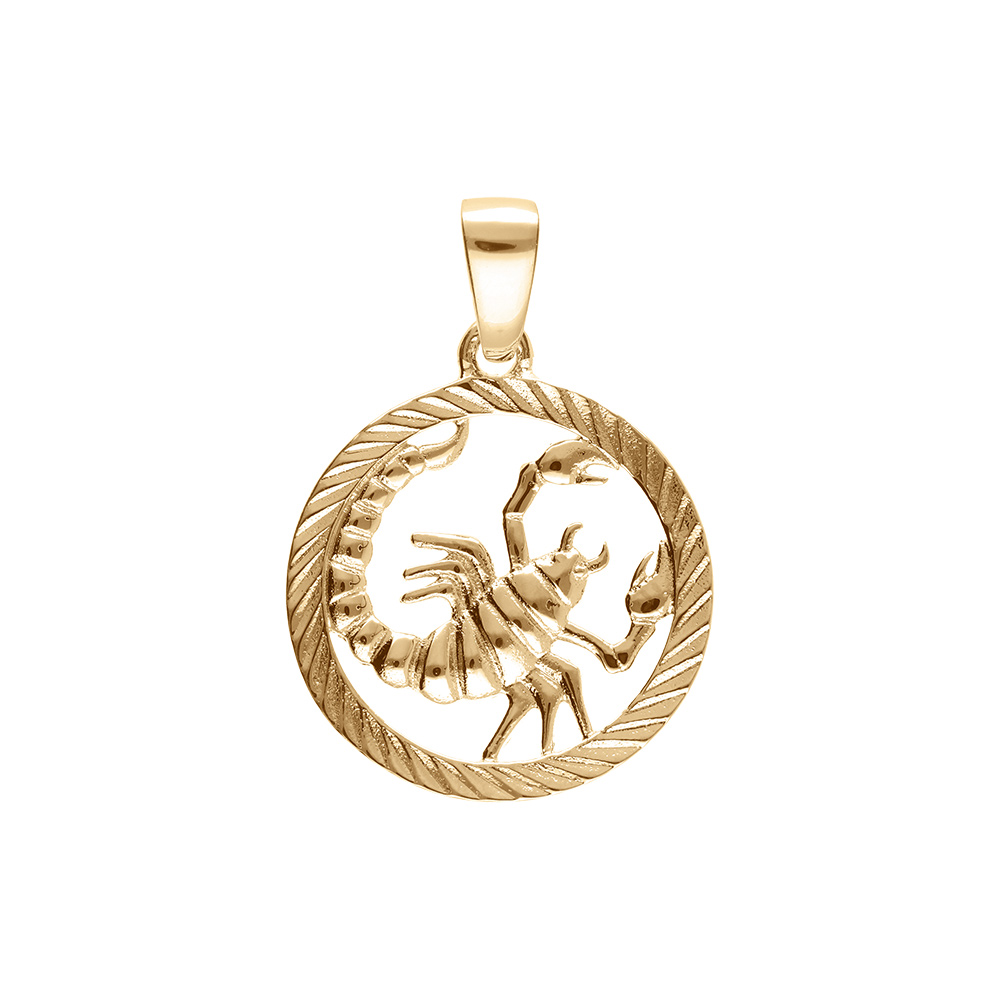 Pendentif en plaqu� or m�daille 15mm stri�e zodiaque scorpion decoup� - Vue 1