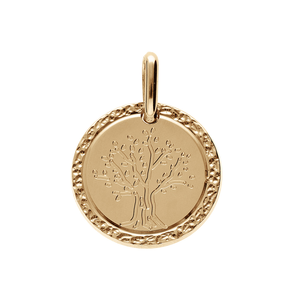 Pendentif en plaqu� or m�daille 16mm motif arbre de vie et contour diamant� - Vue 1