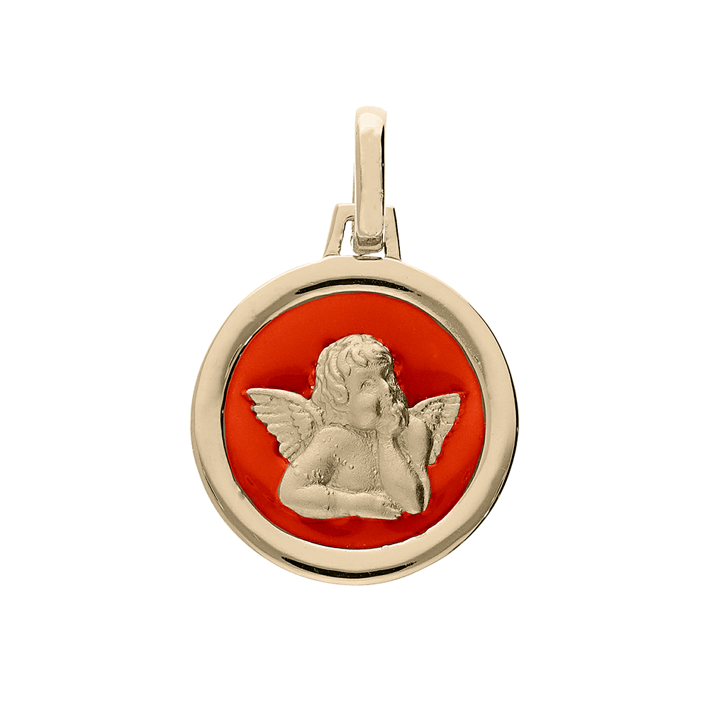 Pendentif en plaqu� or m�daille avec Ange sur fond corail - Vue 1