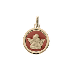 Pendentif en plaqu or mdaille avec Ange sur fond corail - Vue 1