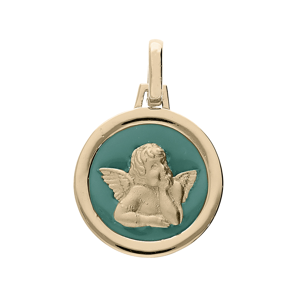 Pendentif en plaqu or mdaille avec Ange sur fond vert - Vue 1