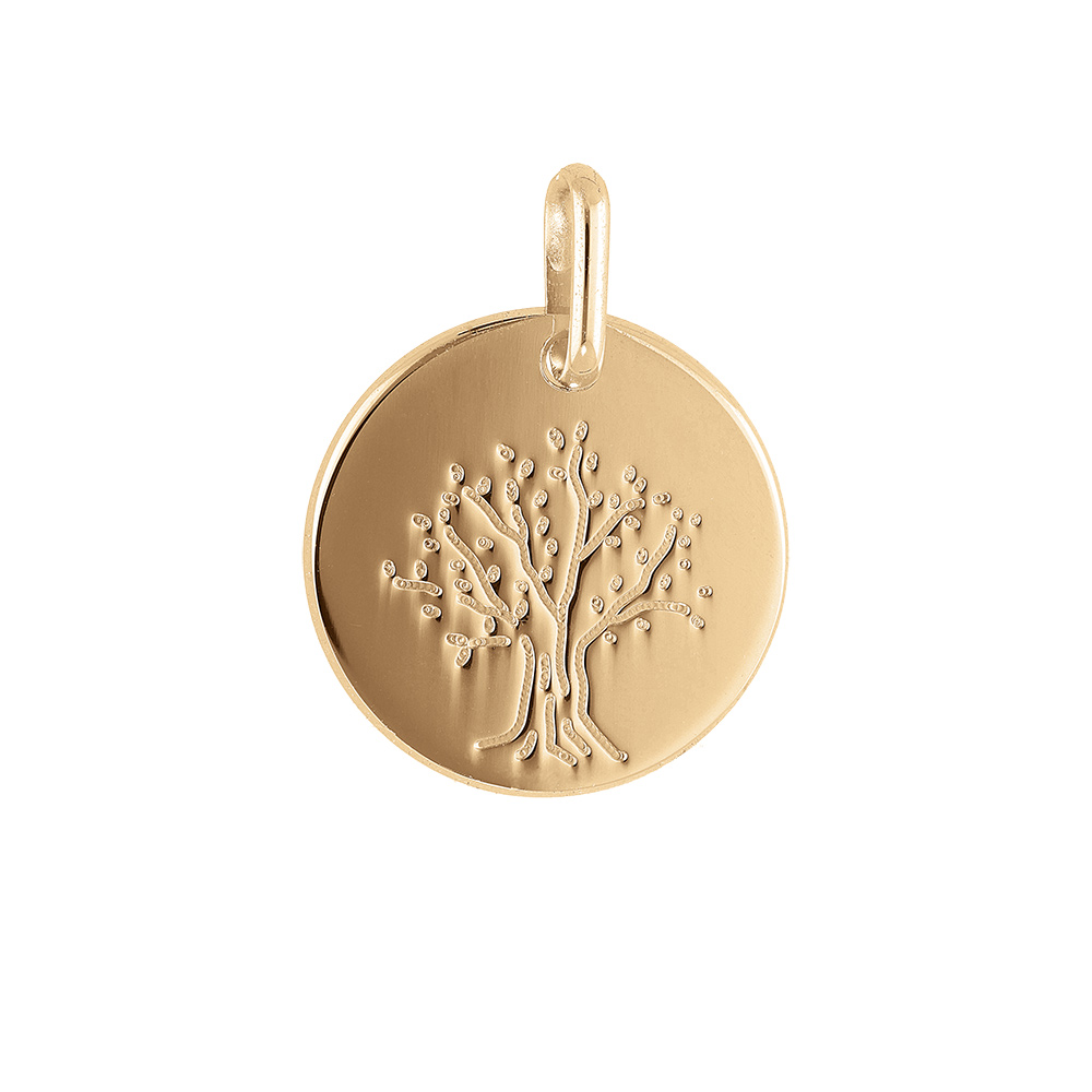 Pendentif en plaqu� or m�daille avec arbre de vie grav� - diam�tre 16mm - Vue 1