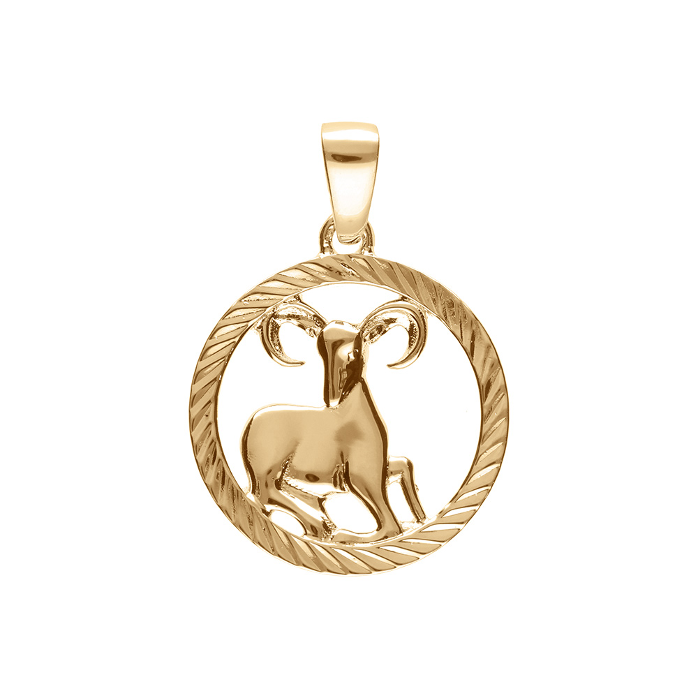 Pendentif en plaqu� or m�daille stri�e 15mm zodiaque b�lier decoup� - Vue 1