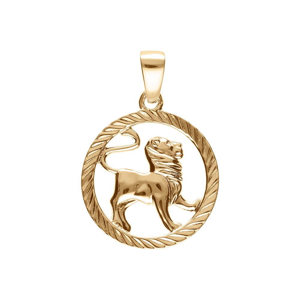 Pendentif en plaqu� or m�daille stri�e 15mm zodiaque lion decoup� - Vue 1