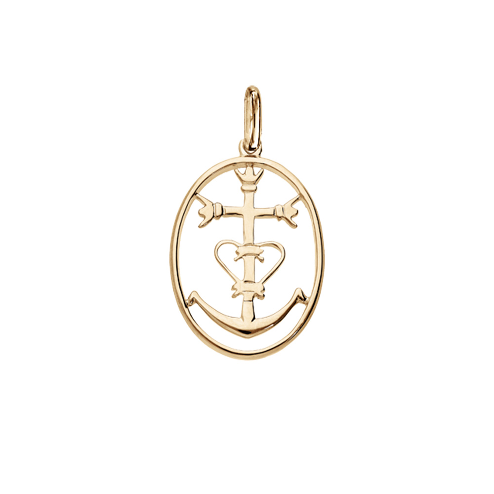 Pendentif en plaqu or oval avec croix Camarguaise - Symbole de la Camargue - Vue 1