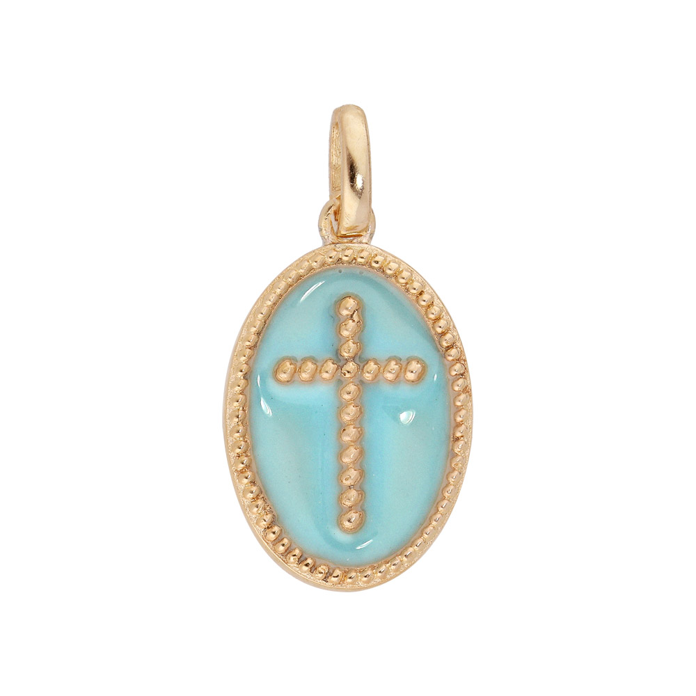 Pendentif en plaqu� or ovale Croix sur fond bleu ciel - Vue 1