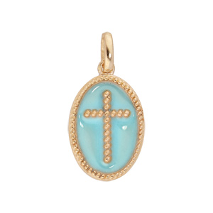 Pendentif en plaqu or ovale Croix sur fond bleu ciel - Vue 1