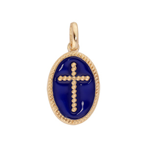 Pendentif en plaqu or ovale Croix sur fond bleu fonc - Vue 1