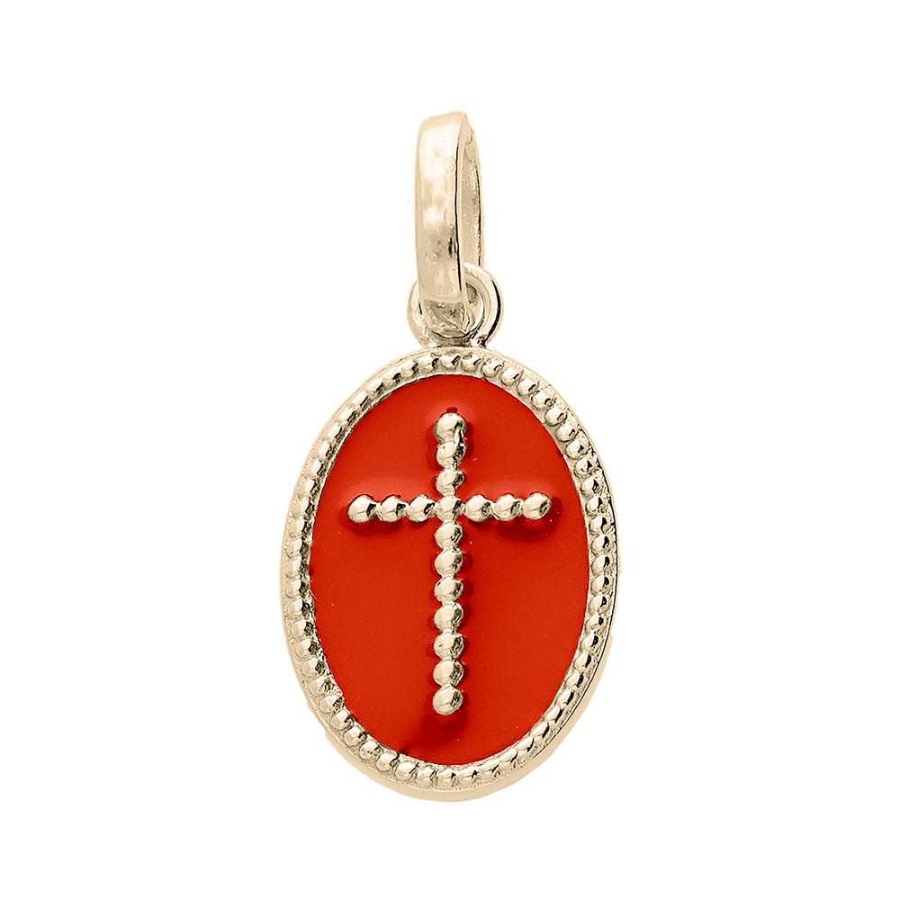 Pendentif en plaqu or ovale croix sur fond corail - Vue 1